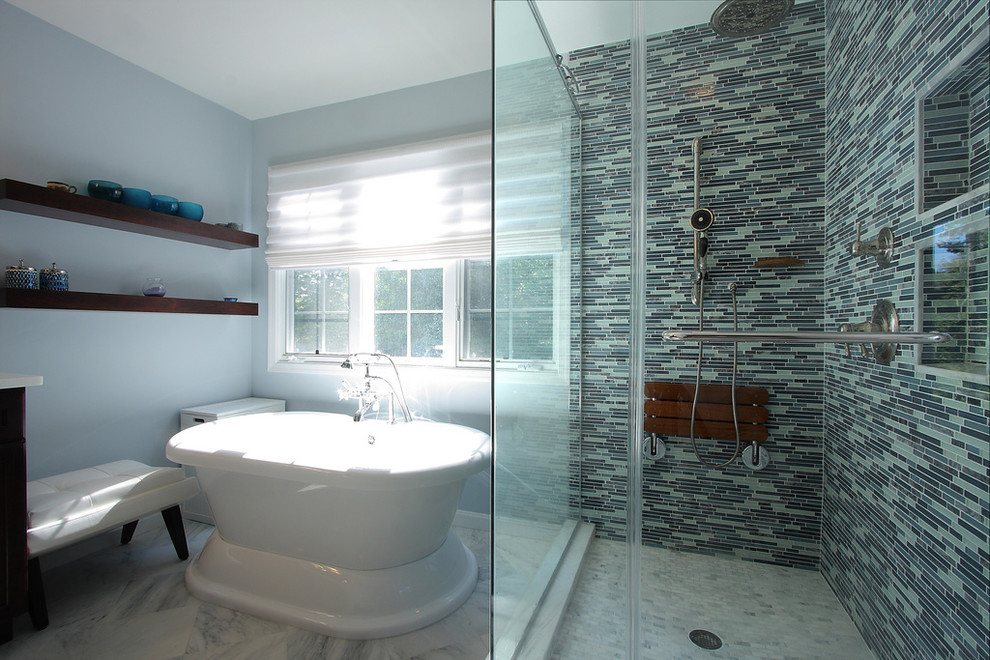 Inspiration for a mid-sized timeless master black and white tile, blue tile, gray tile and mosaic tile marble floor bathroom remodel in DC Metro with shaker cabinets, dark wood cabinets, blue walls, an undermount sink and marble countertops