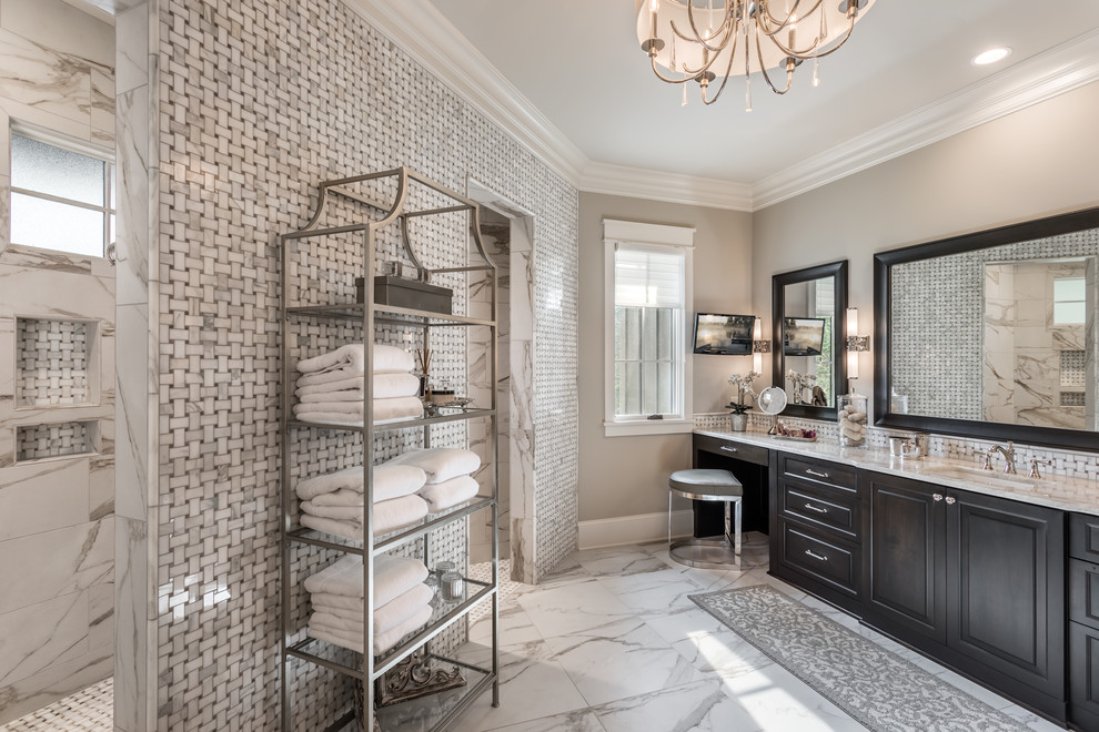 Design ideas for an expansive rustic ensuite bathroom in Other with grey tiles, beige walls, white floors, recessed-panel cabinets, brown cabinets, a built-in shower, a submerged sink, an open shower and beige worktops.