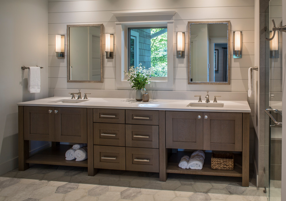 Large transitional master white tile and ceramic tile ceramic tile and gray floor double shower photo in Other with medium tone wood cabinets, a two-piece toilet, white walls, an undermount sink, quartz countertops, a hinged shower door and shaker cabinets