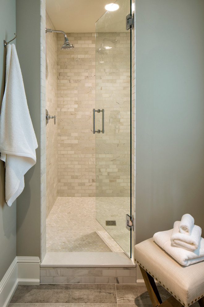 Large gray tile and porcelain tile porcelain tile alcove shower photo in Minneapolis with flat-panel cabinets, a two-piece toilet and an undermount sink