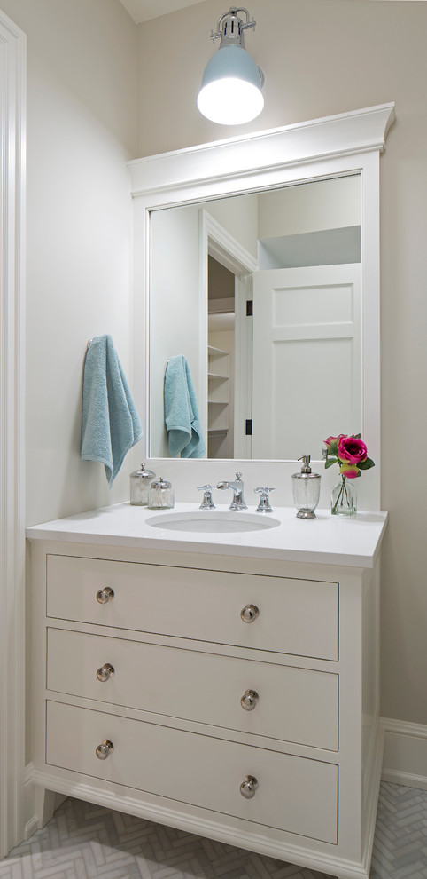 Mid-sized kids' gray tile and stone slab marble floor tub/shower combo photo in Minneapolis with flat-panel cabinets, white cabinets, a two-piece toilet, beige walls and an undermount sink