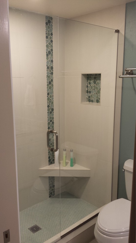 Inspiration for a mid-sized contemporary master green tile and white tile alcove shower remodel in Boise with white walls