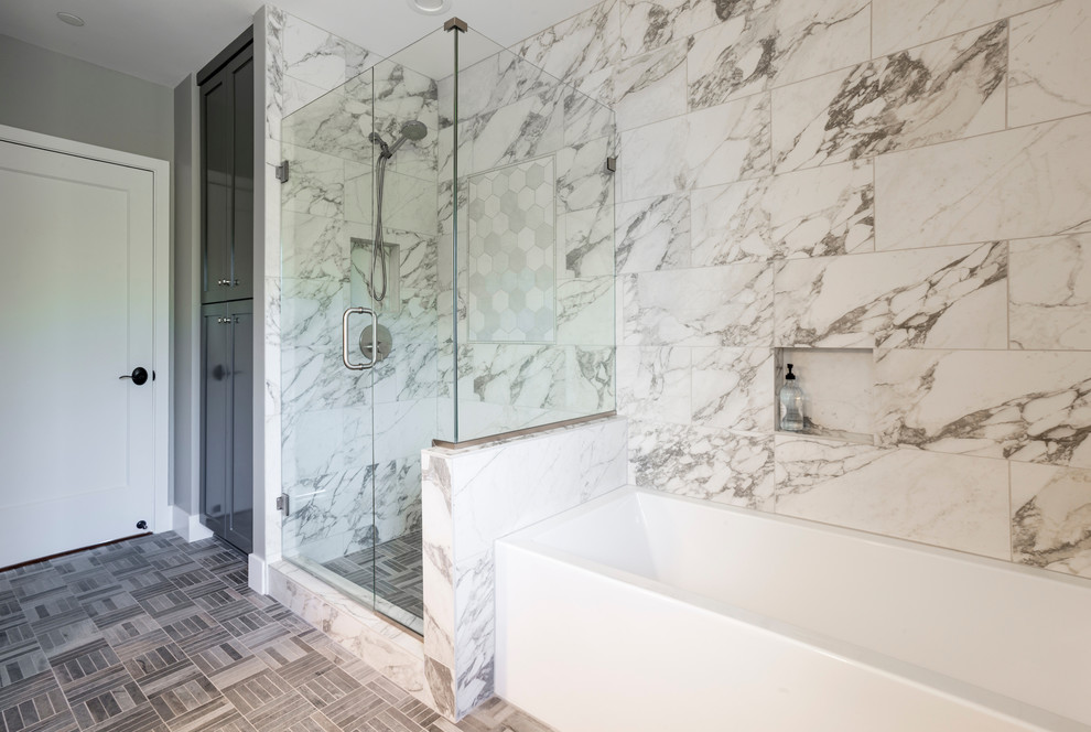 Bathroom - mid-sized transitional master multicolored tile and ceramic tile ceramic tile and multicolored floor bathroom idea in Portland with shaker cabinets, black cabinets, beige walls, a drop-in sink, quartzite countertops, a hinged shower door and white countertops
