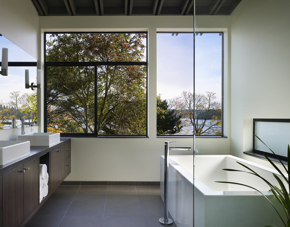 Inspiration for a modern bathroom remodel in Seattle with a vessel sink