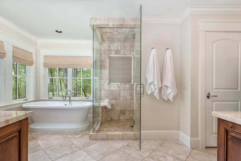 Large transitional master beige tile and porcelain tile porcelain tile bathroom photo in Other with beaded inset cabinets, dark wood cabinets, an undermount sink, marble countertops and beige walls