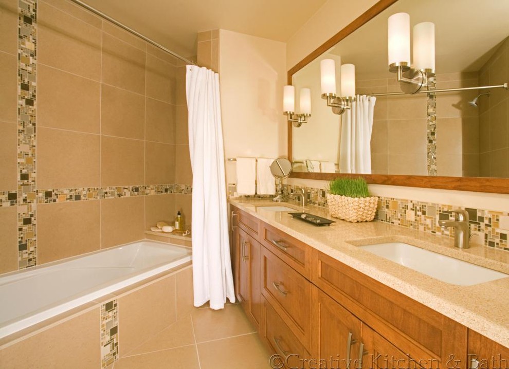 Mid-sized elegant multicolored tile and mosaic tile porcelain tile tub/shower combo photo in Seattle with beaded inset cabinets, medium tone wood cabinets, an undermount sink and granite countertops