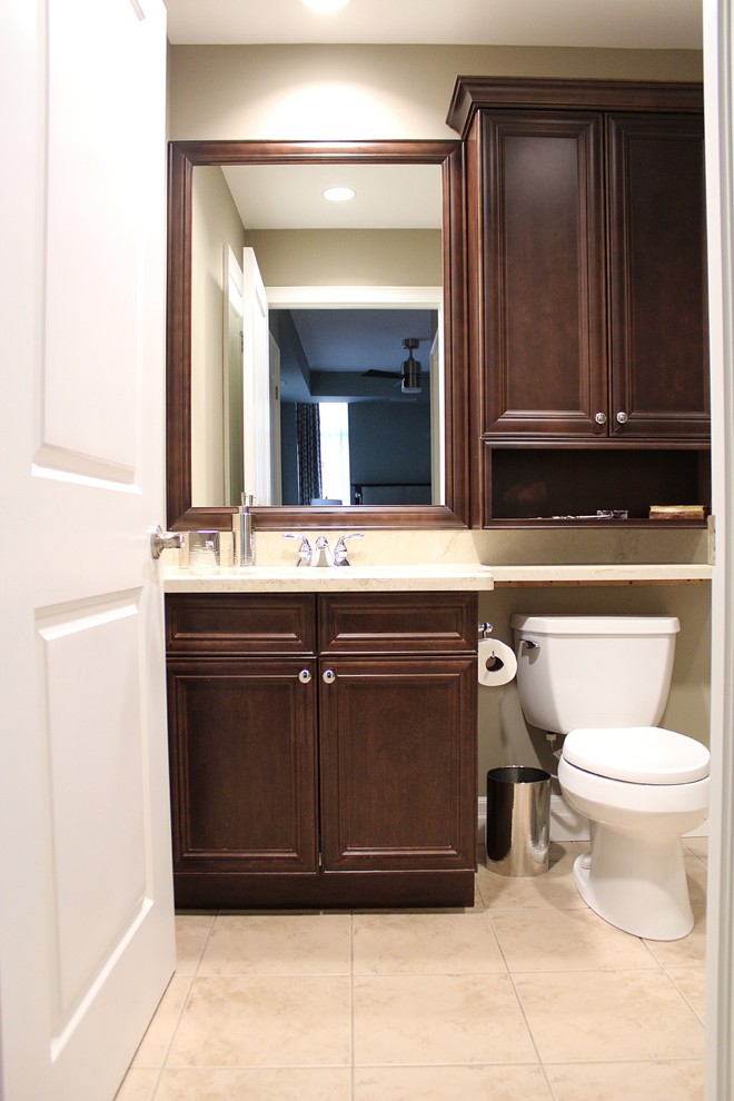 Mid-sized transitional master beige tile and ceramic tile alcove shower photo in Toronto with shaker cabinets, dark wood cabinets, granite countertops and a two-piece toilet