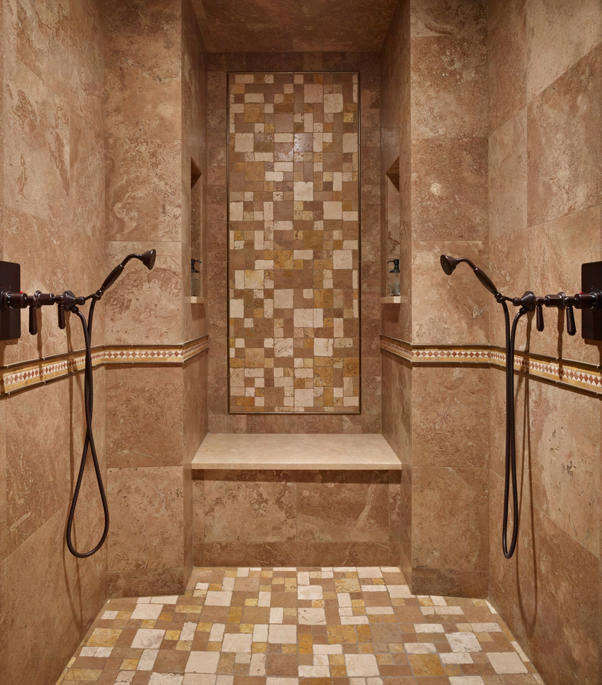Idéer för att renovera ett mellanstort medelhavsstil badrum, med beige kakel, stenkakel och klinkergolv i porslin
