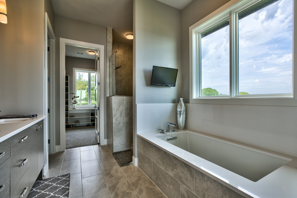 Modern ensuite bathroom in Omaha with a submerged bath and a submerged sink.