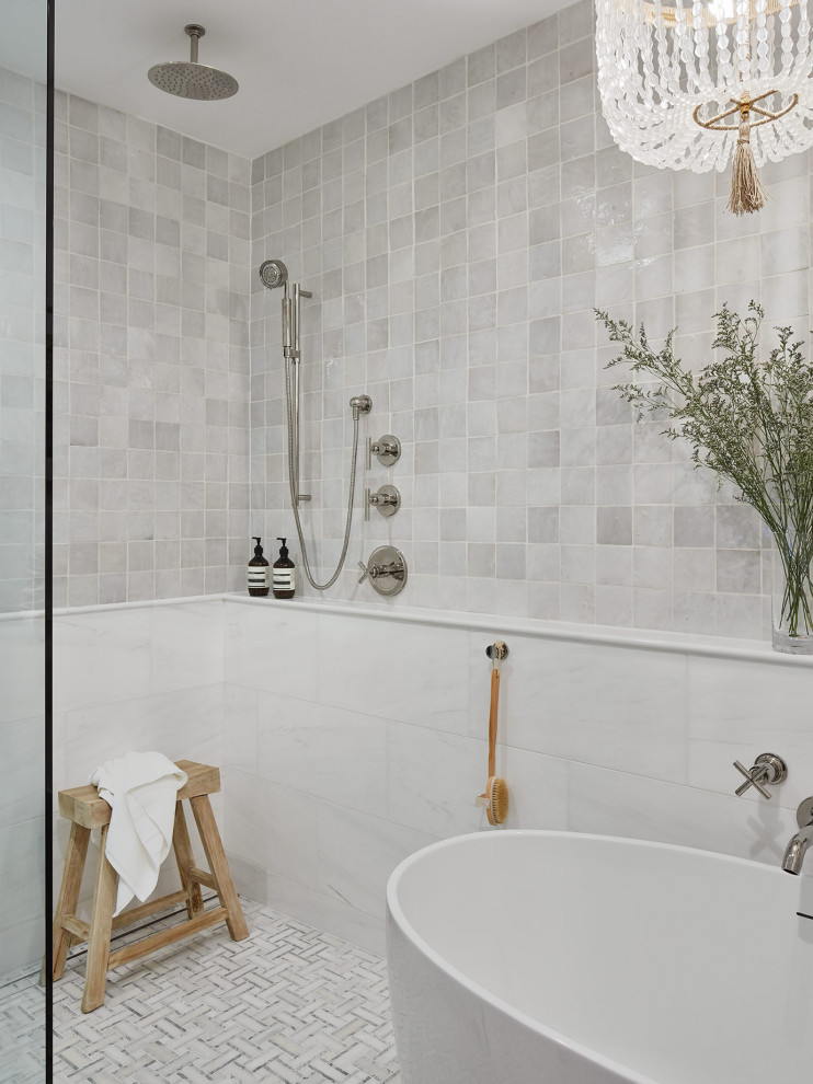 Inspiration for a mid-sized eclectic master white tile and terra-cotta tile marble floor and white floor bathroom remodel in Chicago with furniture-like cabinets, distressed cabinets, a one-piece toilet, white walls, a vessel sink, quartz countertops and white countertops