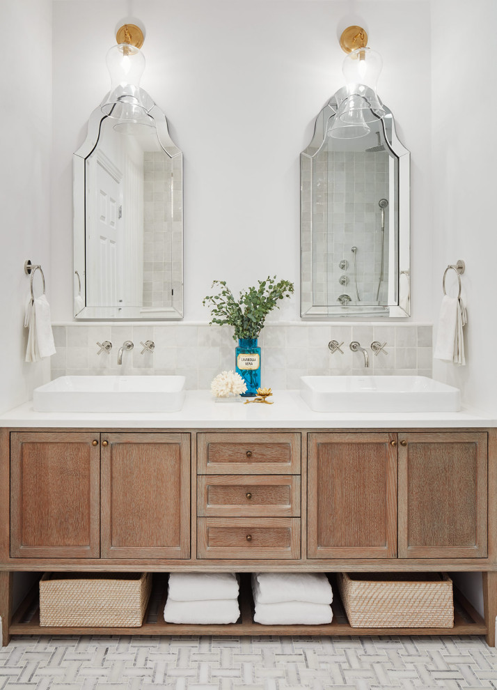 Mid-sized eclectic master white tile and terra-cotta tile marble floor and white floor bathroom photo in Chicago with furniture-like cabinets, distressed cabinets, a one-piece toilet, white walls, a vessel sink, quartz countertops and white countertops