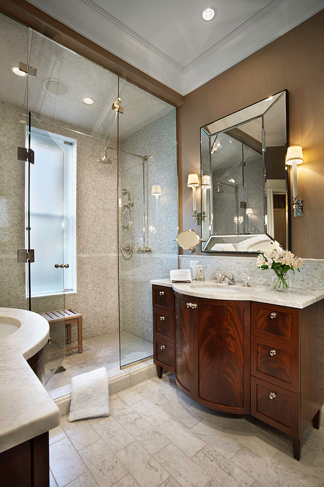 This is an example of a traditional bathroom in Chicago with feature lighting and shaker cabinets.