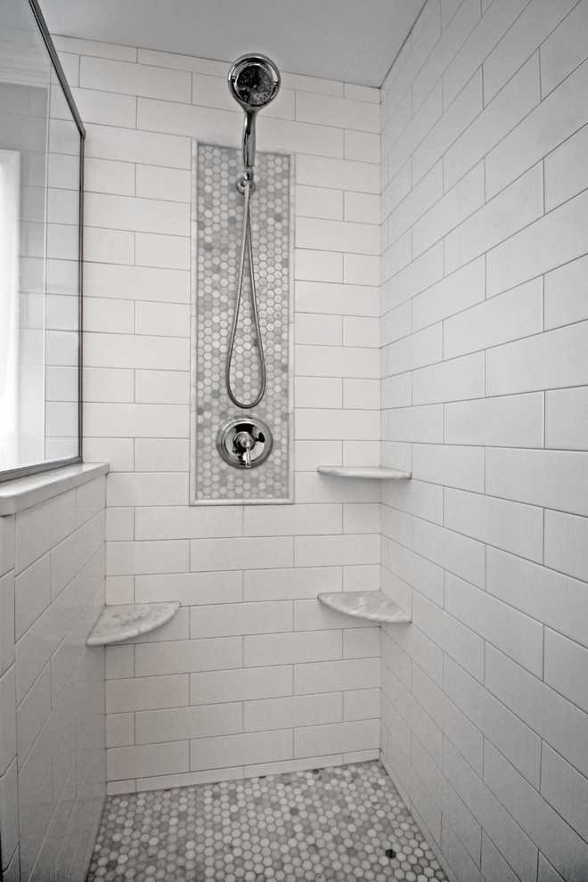 Inspiration for a mid-sized farmhouse master white tile and subway tile porcelain tile and gray floor bathroom remodel in Chicago with black cabinets, a two-piece toilet, white walls, an undermount sink, marble countertops and a hinged shower door
