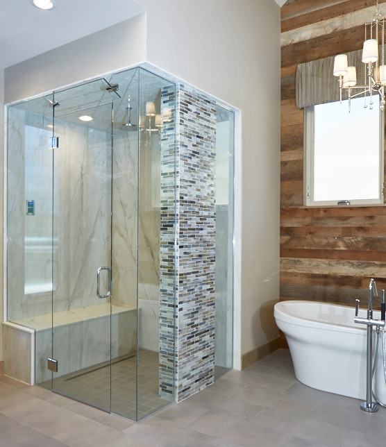 Example of a large trendy master brown tile and porcelain tile porcelain tile and beige floor bathroom design in Denver with beige walls, a hinged shower door, flat-panel cabinets, beige cabinets, an undermount sink and marble countertops