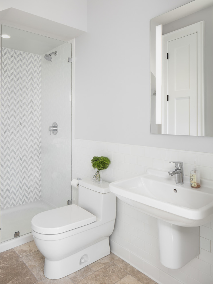 Alcove bathtub - mid-sized transitional 3/4 white tile and mosaic tile ceramic tile and beige floor alcove bathtub idea in Birmingham with a two-piece toilet, gray walls, a pedestal sink and a hinged shower door