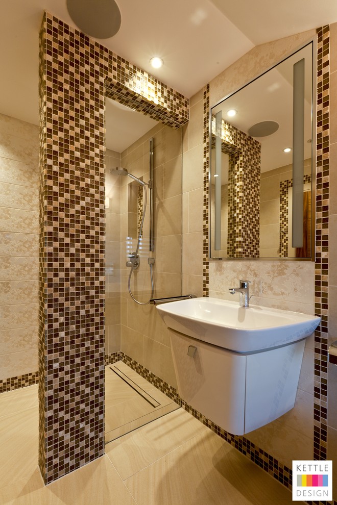 This is an example of a medium sized contemporary shower room bathroom in Other with a wall-mounted sink, glass-front cabinets, tiled worktops, a built-in shower, blue tiles, mosaic tiles, beige walls and ceramic flooring.
