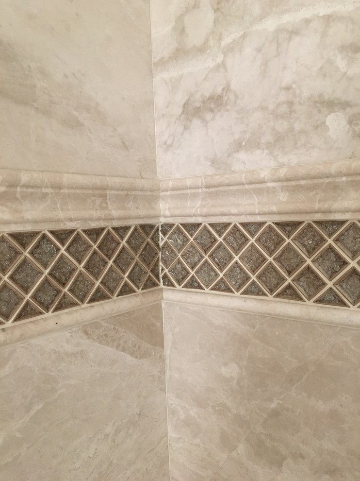 Inspiration for a classic bathroom in Wilmington with an alcove shower, stone tiles and travertine flooring.