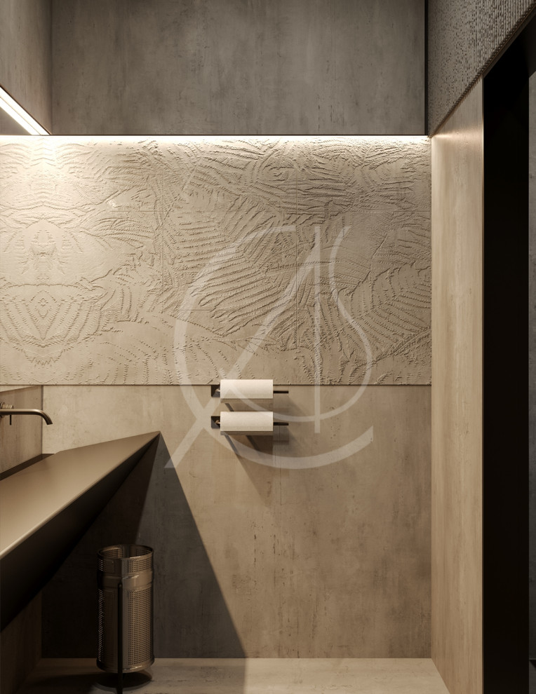 Idee per una grande stanza da bagno padronale moderna con WC sospeso, piastrelle grigie, piastrelle di cemento, pareti grigie, pavimento in cemento, lavabo rettangolare, top in marmo, pavimento grigio e top bianco