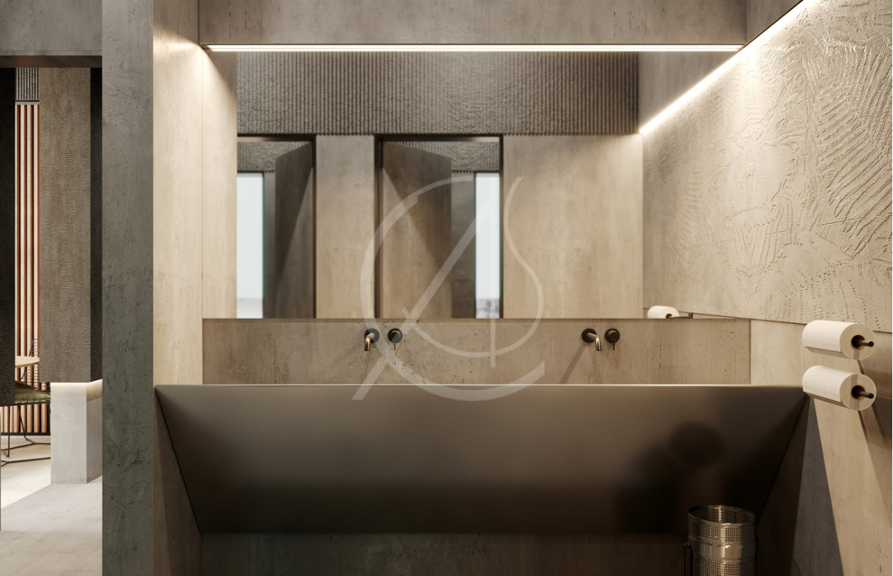 Ispirazione per una grande stanza da bagno padronale minimalista con WC sospeso, piastrelle grigie, piastrelle di cemento, pareti grigie, pavimento in cemento, lavabo rettangolare, pavimento grigio e top bianco