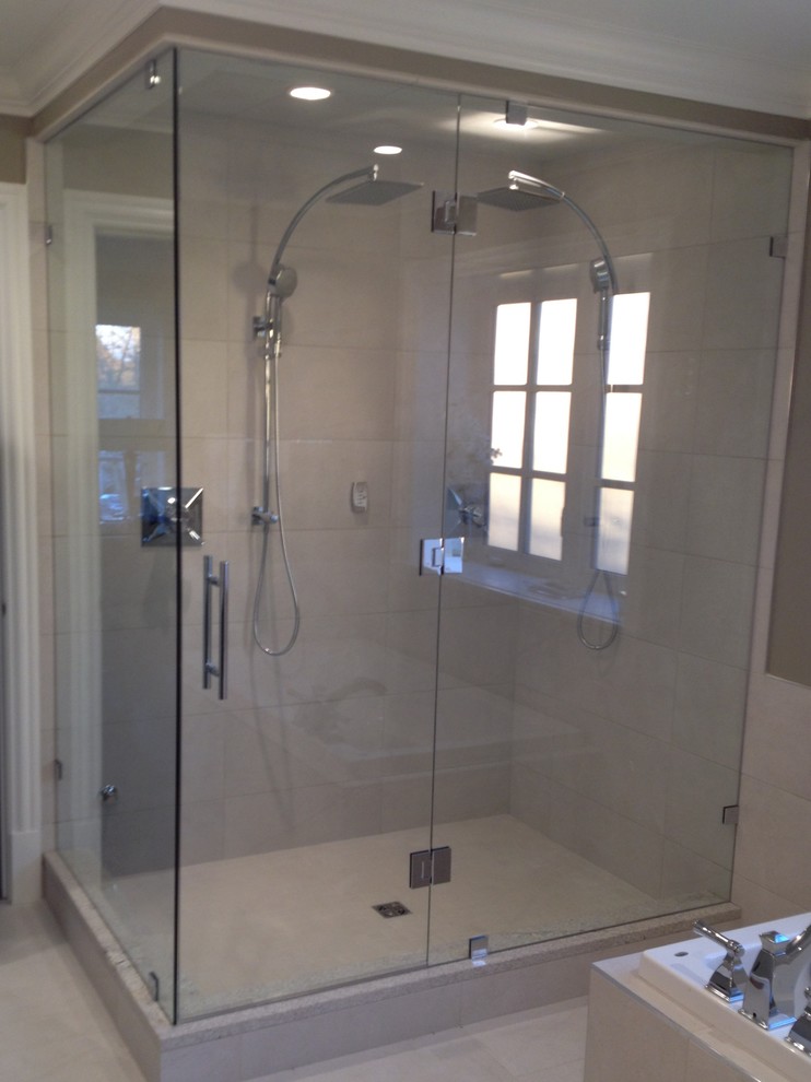 Photo of a large contemporary bathroom in Vancouver with a built-in bath, a corner shower, porcelain tiles, brown walls and porcelain flooring.