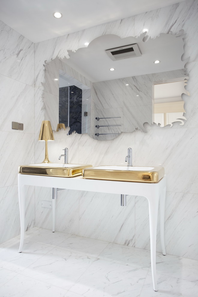 Inspiration for a contemporary bathroom in New York with white tiles, white walls, a console sink and white floors.
