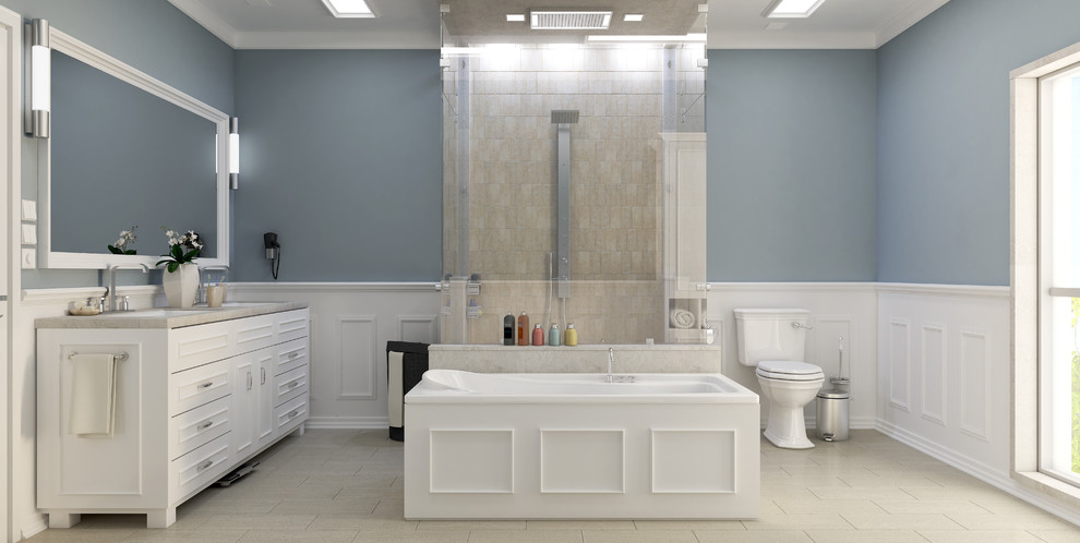 Пример оригинального дизайна: большая главная ванная комната в стиле модернизм с фасадами с выступающей филенкой, белыми фасадами, гидромассажной ванной, белой плиткой, столешницей из искусственного кварца, душем в нише, унитазом-моноблоком, синими стенами, полом из цементной плитки, врезной раковиной, бежевым полом и душем с распашными дверями