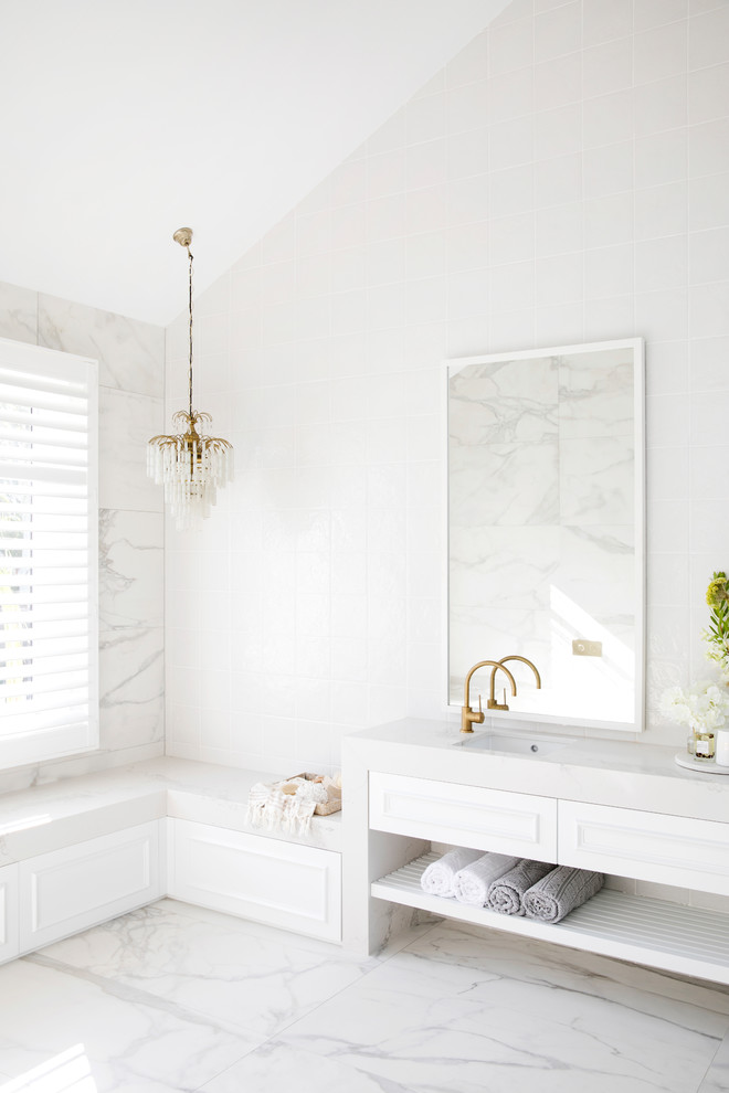 Large beach style master white tile bathroom photo in Sydney with beaded inset cabinets and white cabinets