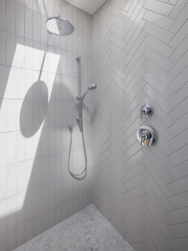 Large Grey Herringbone Tiles for Walk-In Shower - Transitional ...