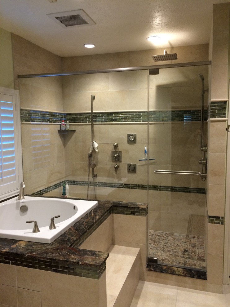Large transitional master beige tile and porcelain tile porcelain tile bathroom photo in Houston with marble countertops and green walls