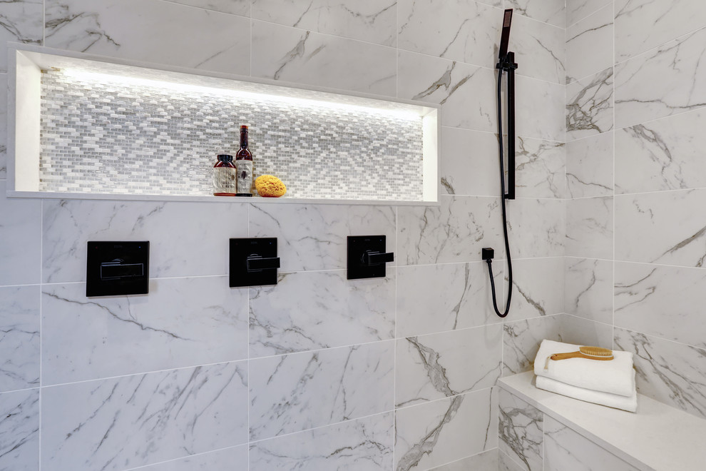 Bathroom - large modern master white tile and porcelain tile porcelain tile and white floor bathroom idea in DC Metro with shaker cabinets, brown cabinets, a two-piece toilet, white walls, an undermount sink, quartz countertops, a hinged shower door and white countertops