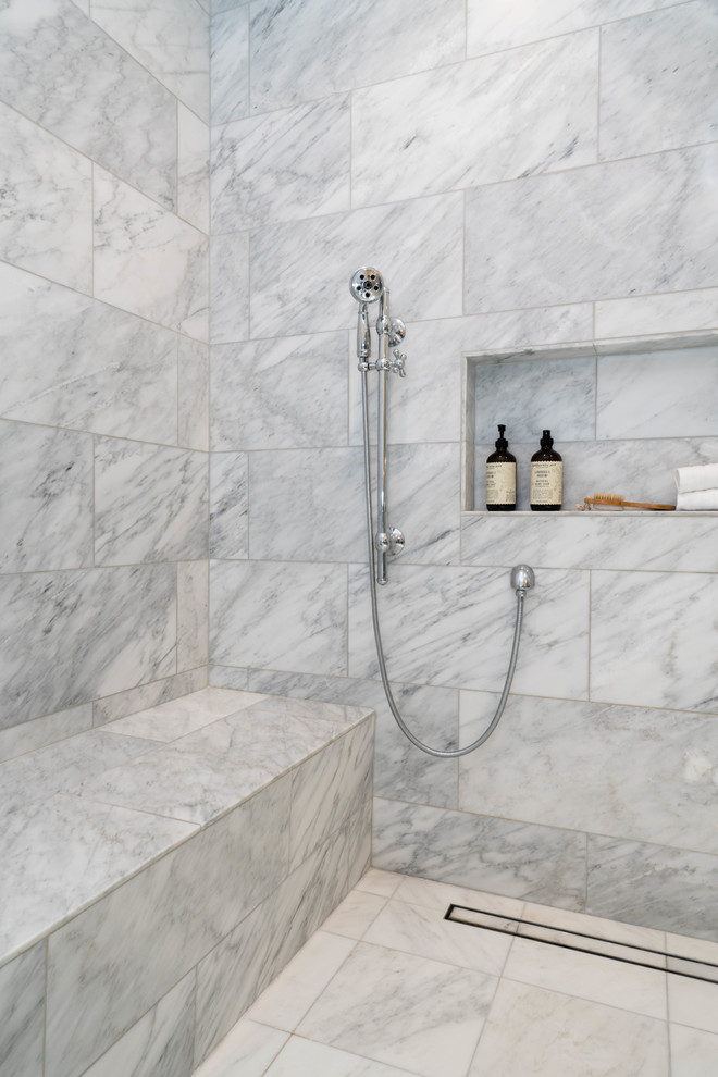 Example of a large minimalist master gray tile and marble tile marble floor and white floor bathroom design in Other with gray walls, a drop-in sink and marble countertops