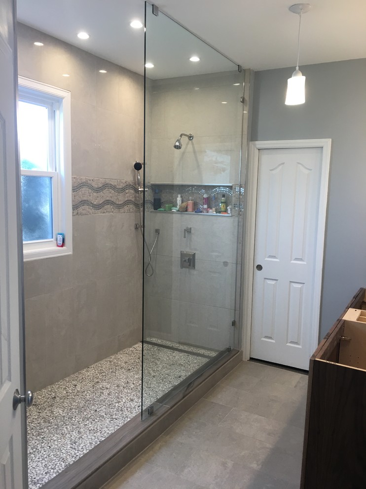 Large open walkin shower with curb Transitional Bathroom Raleigh by RenoPro Houzz