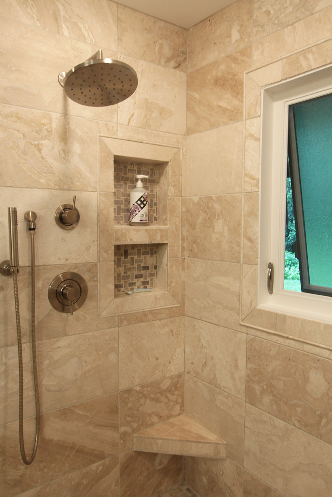 Large Walk In Shower with Window in Shower Transitional Bathroom