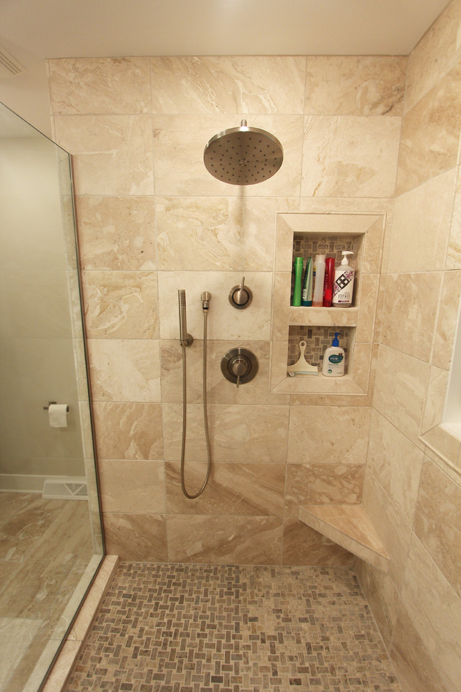 Design ideas for a medium sized classic shower room bathroom in Other with flat-panel cabinets, white cabinets, a walk-in shower, a two-piece toilet, beige tiles, travertine tiles, grey walls, travertine flooring, a submerged sink, engineered stone worktops, beige floors, an open shower and black worktops.