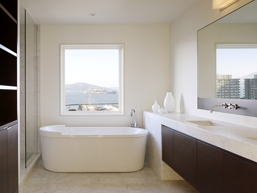 Design ideas for a modern bathroom in San Francisco with a freestanding bath.