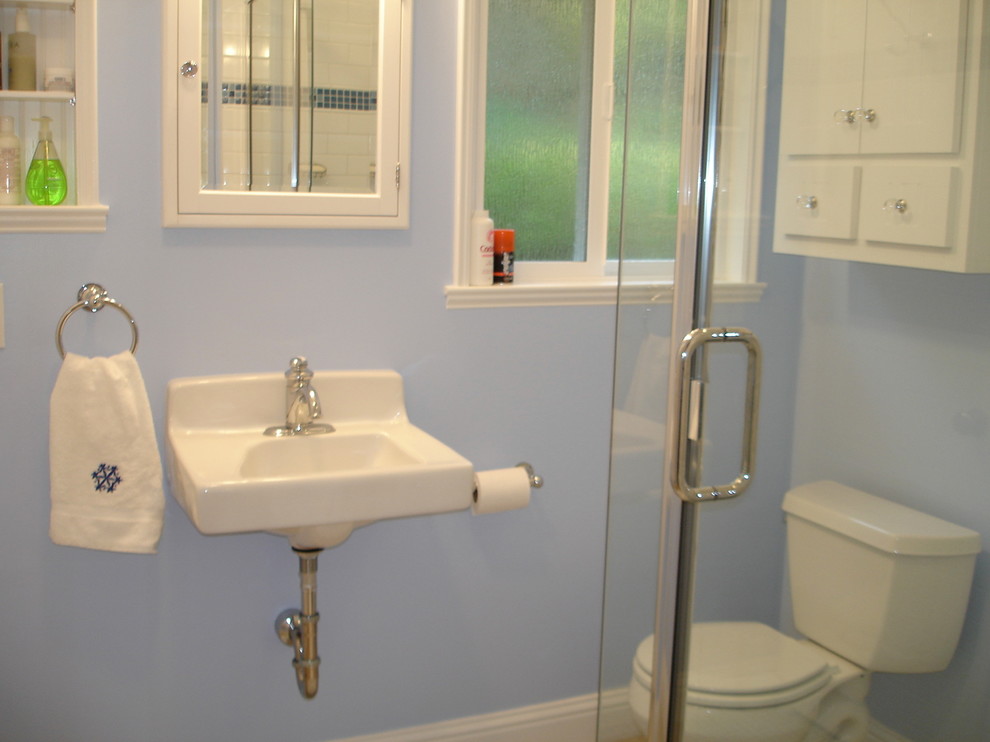 Immagine di una stanza da bagno tradizionale di medie dimensioni con ante lisce, ante bianche, doccia alcova, piastrelle blu e pareti blu