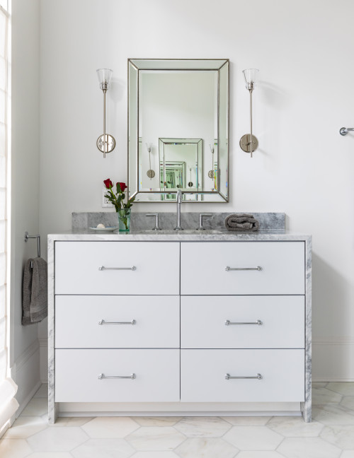 Transitional Opulence: Bathroom Storage with White Vanity and Waterfall Countertop