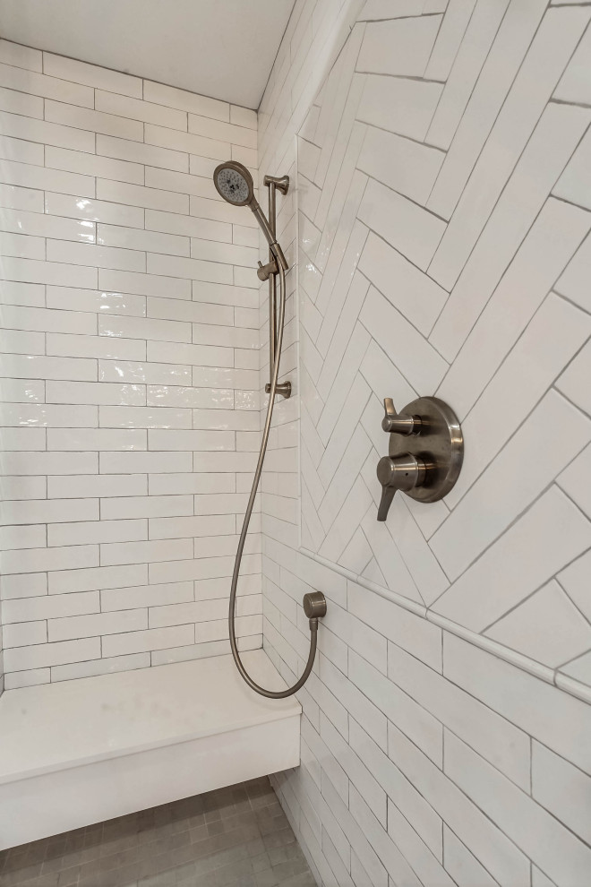 Transitional master white tile and subway tile cement tile floor and gray floor bathroom photo in San Francisco with shaker cabinets, white cabinets, gray walls, an undermount sink, a hinged shower door and white countertops