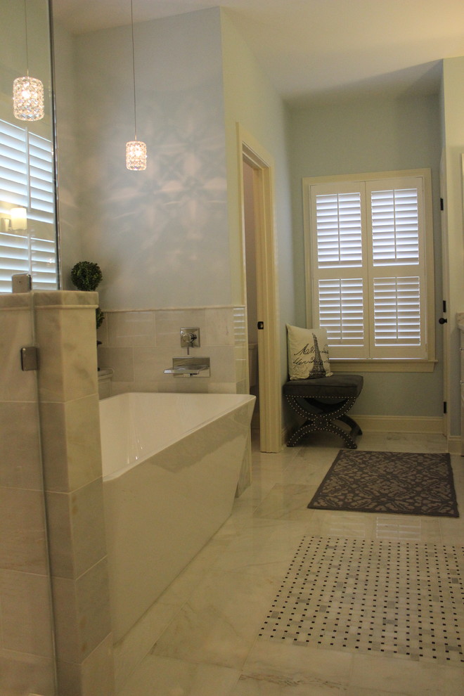 Inspiration for an expansive classic ensuite bathroom in Baltimore with recessed-panel cabinets, white cabinets, marble worktops, a freestanding bath, a corner shower, white tiles, ceramic tiles, blue walls and ceramic flooring.