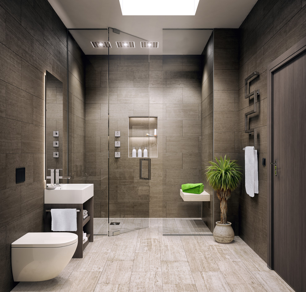 Medium sized modern ensuite bathroom in Other with open cabinets and light hardwood flooring.