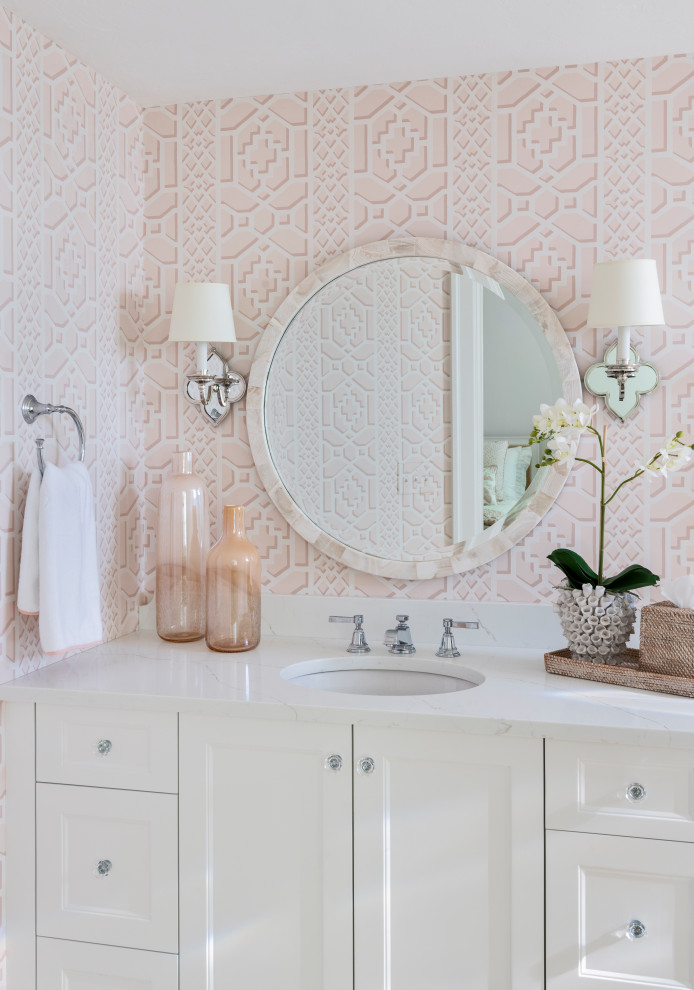 Inspiration for a mid-sized coastal single-sink and wallpaper bathroom remodel in Other with beaded inset cabinets, white cabinets, an undermount sink, quartz countertops, white countertops and a built-in vanity