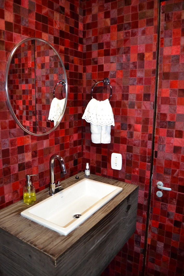 Custom LV printed leather for the bathroom interiors of Candyscape