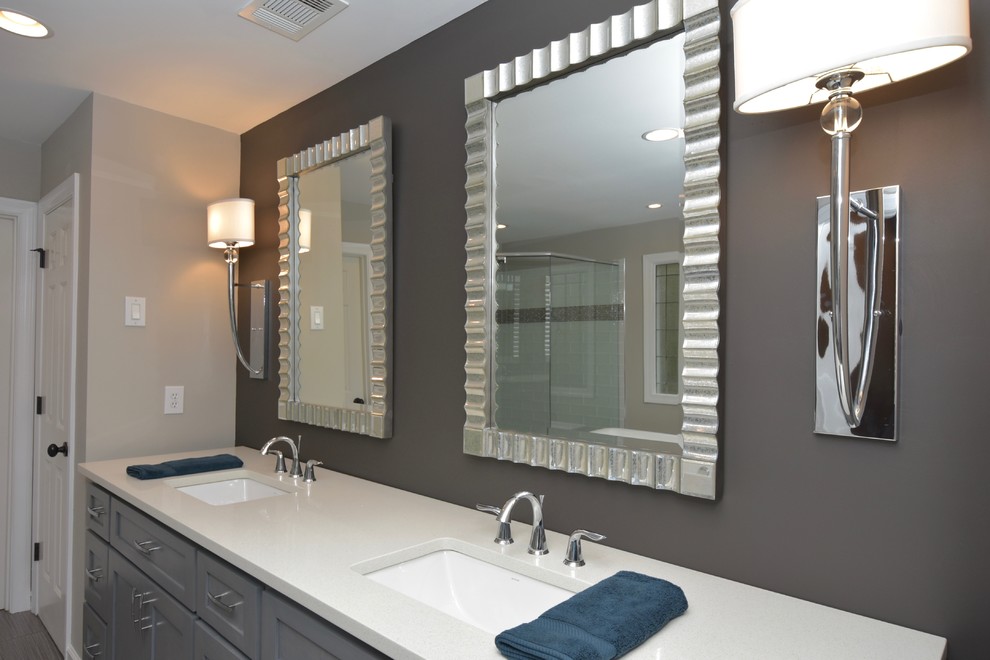 Bathroom - mid-sized modern master gray tile and porcelain tile porcelain tile bathroom idea in Atlanta with shaker cabinets, gray cabinets, a one-piece toilet, gray walls, an undermount sink and quartz countertops