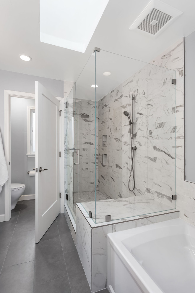 This is an example of a medium sized classic family bathroom in San Francisco with shaker cabinets, white cabinets, a double shower, black and white tiles, porcelain tiles, grey walls, porcelain flooring, engineered stone worktops, a hinged door and white worktops.