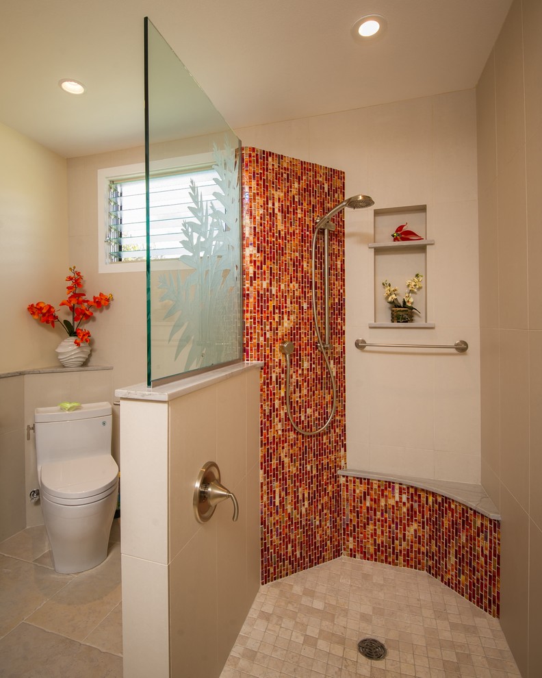 Bathroom - large contemporary 3/4 orange tile, red tile and mosaic tile ceramic tile and beige floor bathroom idea in Hawaii with flat-panel cabinets, dark wood cabinets, beige walls, a vessel sink and marble countertops