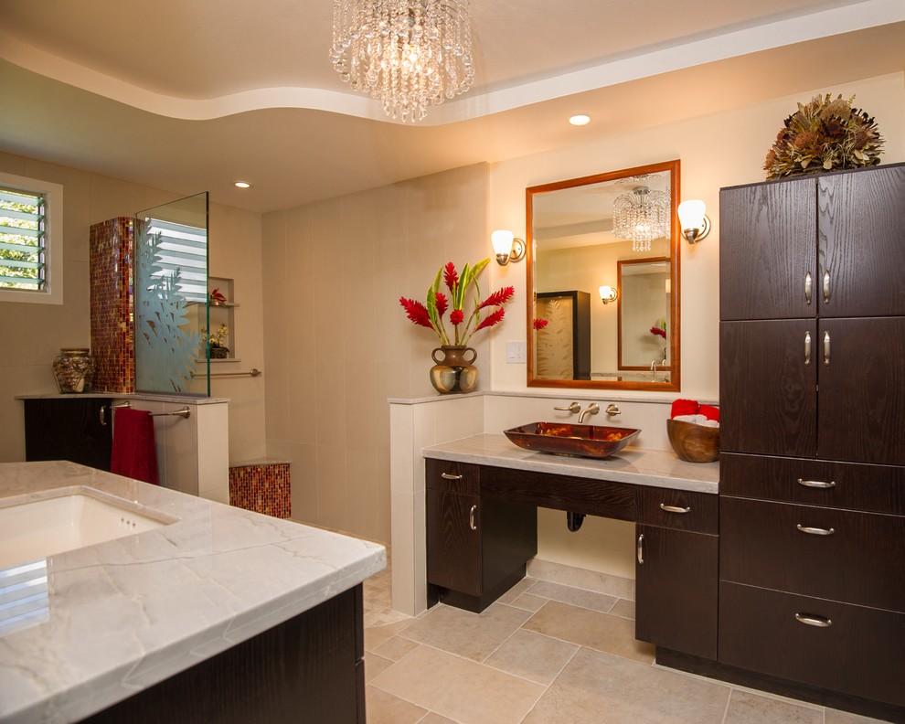 Bathroom - large contemporary 3/4 orange tile, red tile and mosaic tile ceramic tile and beige floor bathroom idea in Hawaii with flat-panel cabinets, dark wood cabinets, beige walls, a vessel sink and marble countertops