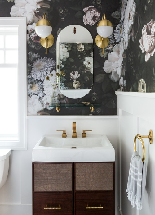 Enchanting Views: Dark Floral Wallpaper, Oval Bathroom Mirror Inspirations, and Gold Accents Unveiled