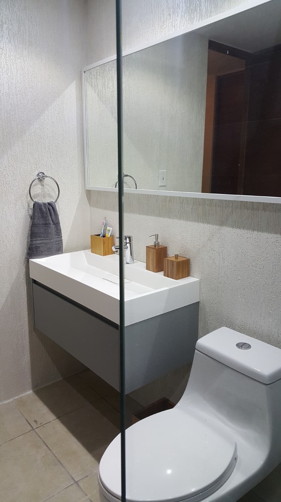 Small minimalist gray tile and porcelain tile ceramic tile doorless shower photo in Other with gray cabinets, a one-piece toilet, white walls, an integrated sink and quartzite countertops