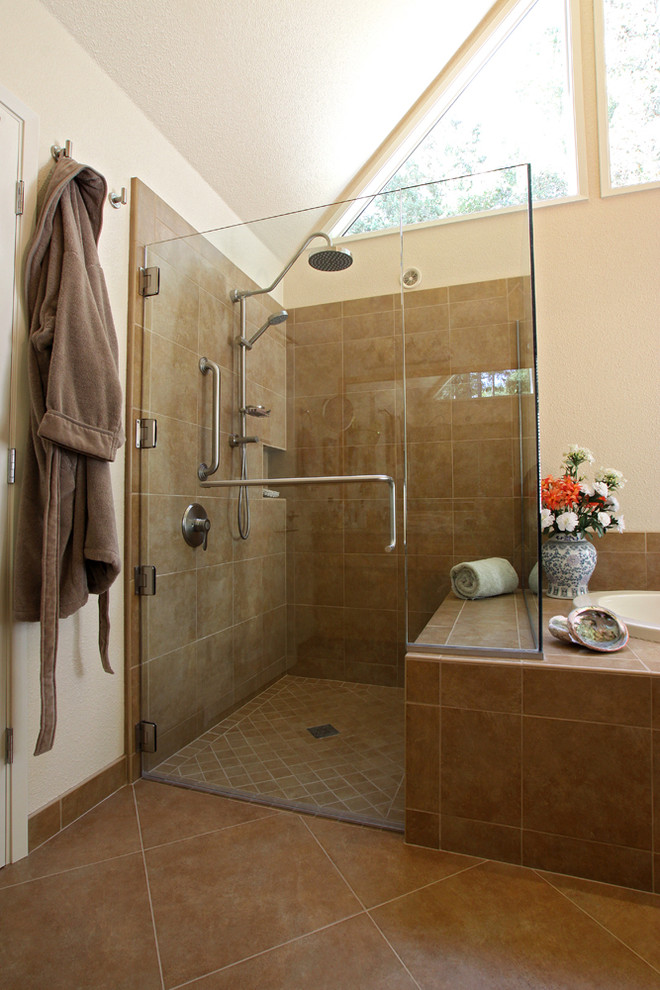 Level Entry Shower with Nonslip Floor and Shower Pan Traditional
