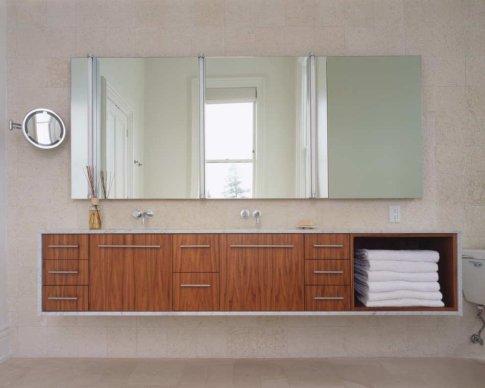 Ejemplo de cuarto de baño principal contemporáneo de tamaño medio con armarios con paneles lisos, puertas de armario de madera oscura y sanitario de una pieza